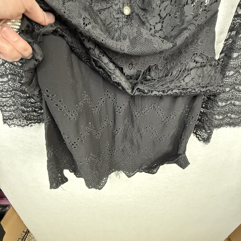 Meghan Los Angeles Lace Dress/Tunic Top Womens 0 Black Sheer Boho Bell Sleeve - Picture 9 of 11